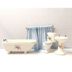 Dollhouse Porcelain Bathroom Tub Sink Toilet Curtains Miniature Set Floral Vtg